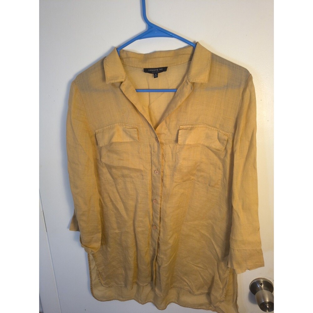 Lafayette 148 New York Shirt S Small Tan 100% Linen Utility Pocket Blouse Top